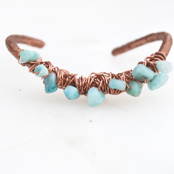 Blue Amazonite Copper Cuff Bracelet Healing Reiki Energy Handmade Boho Gift - Picture 3 of 6